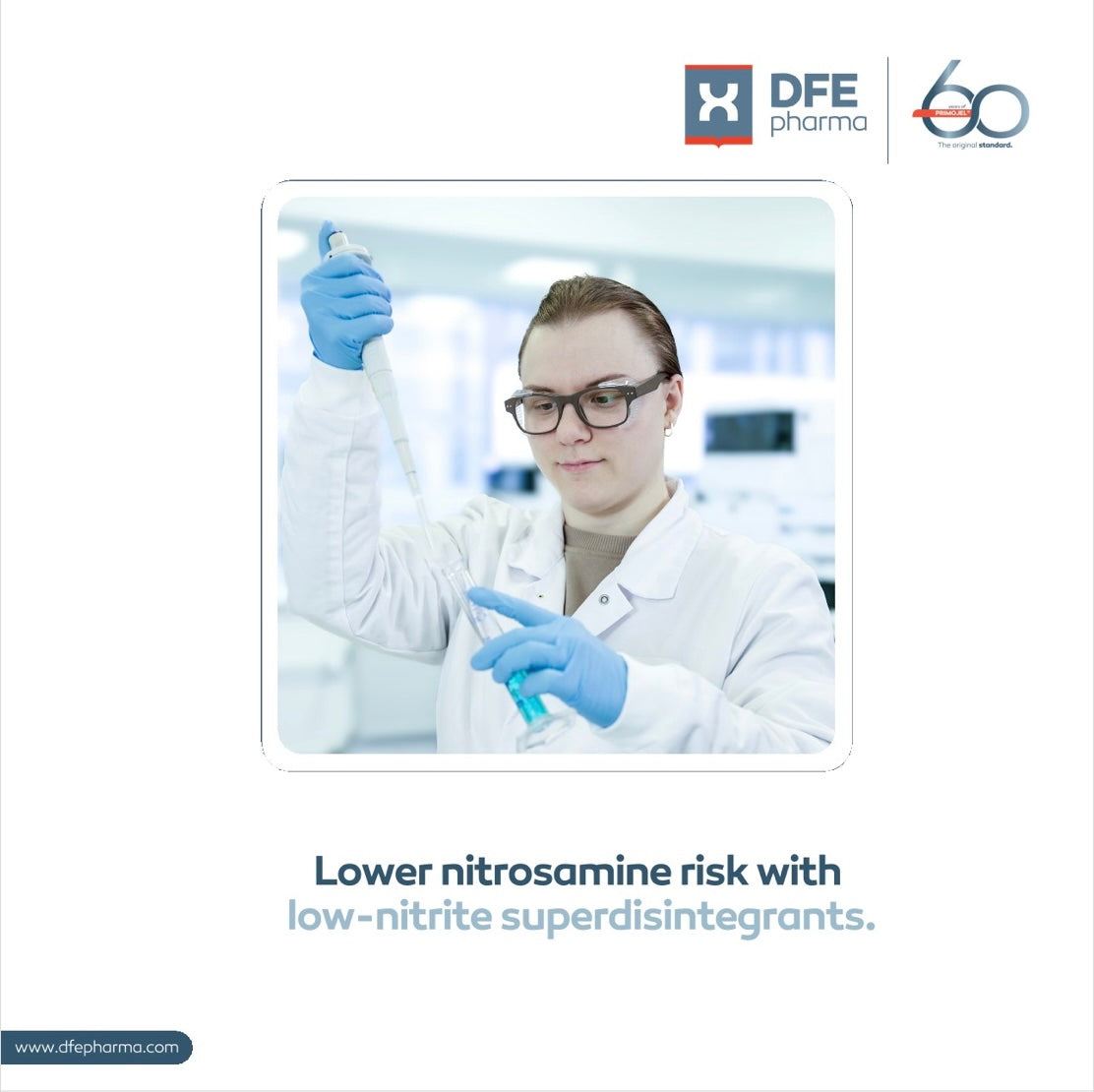 Photo of formulator with text "Lower nitrosamine risk with low-nitrite superdisintegrants"