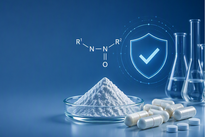 A glass dish filled with white powder on a blue studio background, with scattered white capsules in front and a glowing shield icon plus a chemical structure above. 