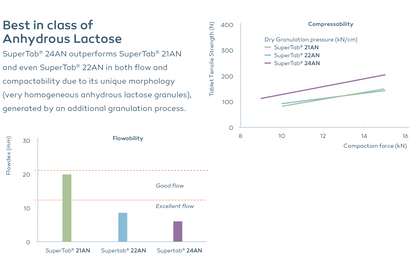 SuperTab 24AN outperforms SuperTab 21 AN and even SuperTab 22AN in both flow and compactability due to its unique morphology (very homogenous anhydrous lactose granules), generated by an additional granulation process.